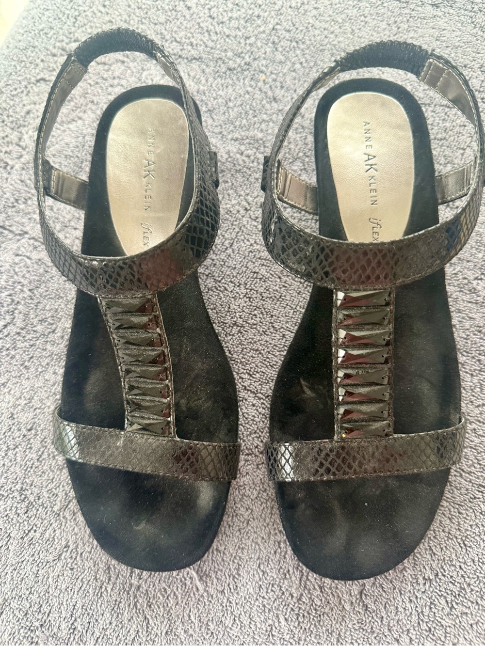 Anne Klein Black Snakeskin-Texture Wedge Sandals